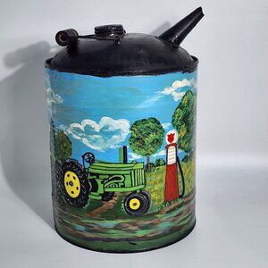 Hand Painted Vintage Metal Oil Can Farm Scene John Deere Tractor Route 66 Art